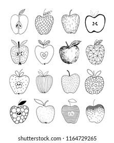 Outline collection of hand-drawing different apples. Black and white hand drawn different apples with leaves isolated on white background. Use for postcard, flyer, web, banner, poster, textile print.