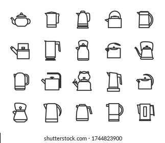 Outline collection of icons of kitchen kettles. Various types of kettles and teapots: electric kettle, French press, Thermo pot. Trendy vector Illustration isolated for graphic and web design.
