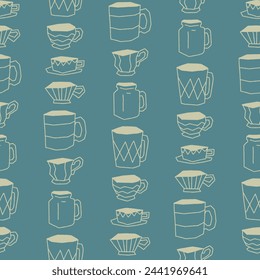 Outline Collection of Mugs Seamless Pattern Vector illustration for Print, Wallpaper, Decoration.