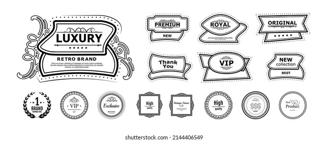Contorno etiquetas y etiquetas de colección con texto. Bordes premium vectoriales, etiquetas originales, nuevas etiquetas de colección y botones de círculo de lujo. 