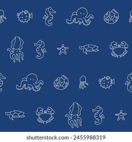 Outline Collection Underwater Animal Seamless Pattern Vector illustration for Print, Wallpaper, Decoration.
