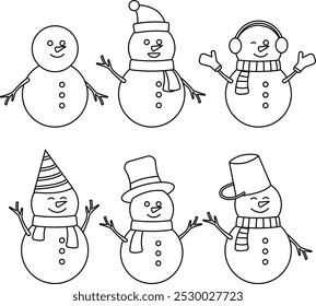 Outline Collection of White Snowman Winter on Blue Background