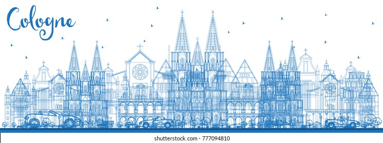 Outline Cologne Germany City Skyline with Blue Buildings. Vector Illustration. Business Travel and Tourism Concept with Historic Architecture. Cologne Cityscape with Landmarks.