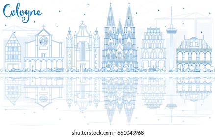 Outline Cologne Skyline with Blue Buildings and Reflections. Vector Illustration. Business Travel and Tourism Concept with Historic Architecture. Image for Presentation Banner Placard and Web Site.