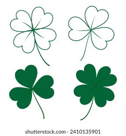 Outline and color drawn tree leaf and four leaf clover in trendy green. St. Patrick greeting element