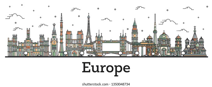 Outline Color Famous Landmarks in Europe. Vector Illustration. Business Travel and Tourism Concept. Paris, London, Berlin, Moscow, Madrid.