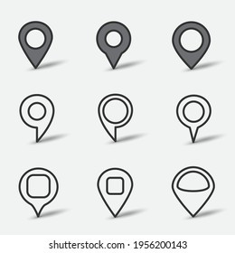 Outline and color fill map pin object sign with shadow on gray background. Location icon set. Navigation gps pictogram template