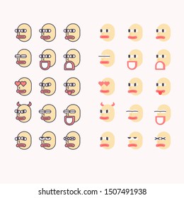 Outline color and flat vector graphic emoticon set. Face icon with various facial expression.