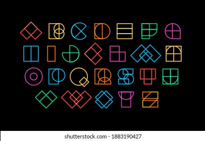 Outline Color Font Colored Letters Geometric Contour Shapes, Decorative Line Type For Awesome Rave Headline Design, Linear Logo And Neon Sci-fi Lettering, Vector Alphabet.