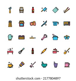 Contorno a iconos de color para cocina y comedor. Contiene iconos como el helicóptero, el cuchillo, el mezclador, el mortero, la cacerola y el peeler. Ilustración vectorial.