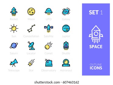 Outline color icons set in thin modern design style, flat line stroke vector symbols - space astronomy collection