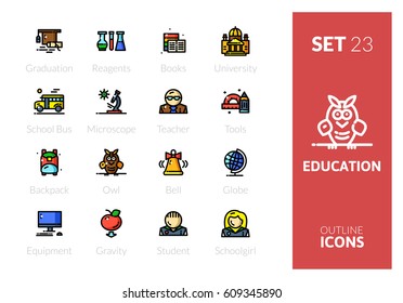 Outline color icons set in thin modern design style, flat line stroke vector symbols - education collection