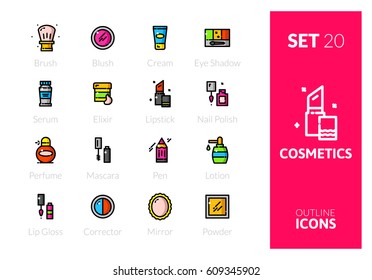 Outline color icons set in thin modern design style, flat line stroke vector symbols - cosmetics makeup collection