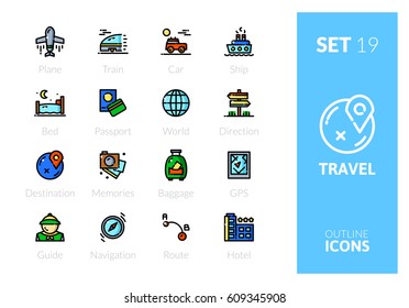 Outline color icons set in thin modern design style, flat line stroke vector symbols - travel collection