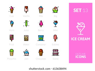 Outline color icons set in thin modern design style, flat line stroke vector symbols - ice cream collection