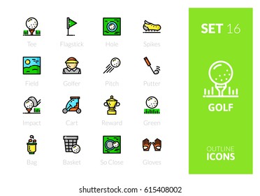 Outline color icons set in thin modern design style, flat line stroke vector symbols - golf collection