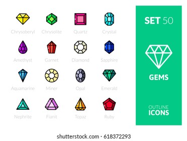 Iconos de color de esquema establecidos en un estilo de diseño moderno delgado, símbolos vectoriales de trazo plano - colección Gems
