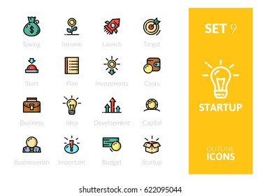 Outline color icons set in thin modern design style, flat line stroke vector symbols - start up collection