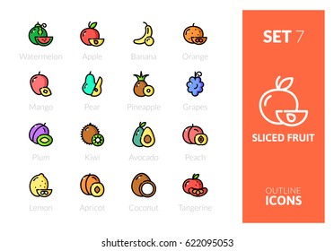 Outline color icons set in thin modern design style, flat line stroke vector symbols - sliced fruit collection