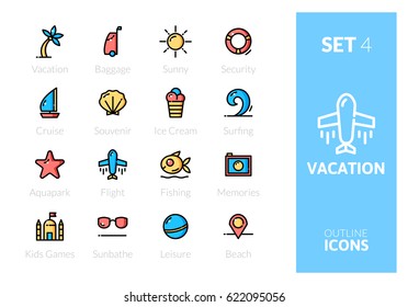 Outline color icons set in thin modern design style, flat line stroke vector symbols - vacation beach collection