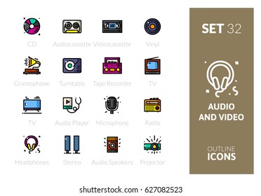 Outline color icons set in thin modern design style, flat line stroke vector symbols - audio and video collection