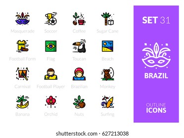 Outline color icons set in thin modern design style, flat line stroke vector symbols - brazil collection