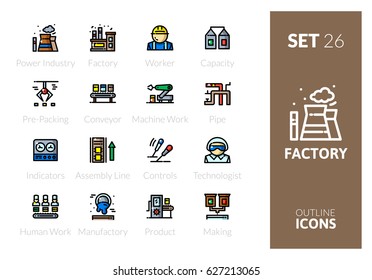 Outline color icons set in thin modern design style, flat line stroke vector symbols - factory collection