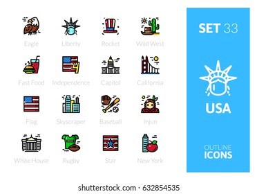 Outline color icons set in thin modern design style, flat line stroke vector symbols - USA collection