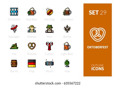 Outline color icons set in thin modern design style, flat line stroke vector symbols - oktoberfest collection