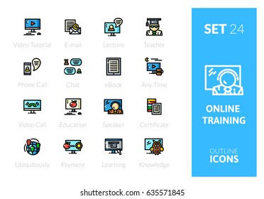 Outline color icons set in thin modern design style, flat line stroke vector symbols - online training collection