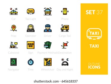 Outline color icons set in thin modern design style, flat line stroke vector symbols - taxi collection