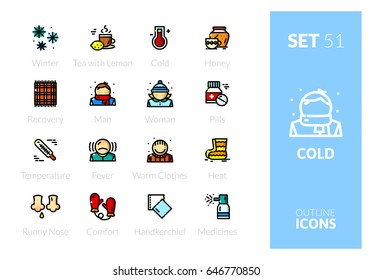 Outline color icons set in thin modern design style, flat line stroke vector symbols - cold collection