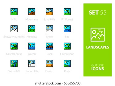 Outline color icons set in thin modern design style, flat line stroke vector symbols - landscapes collection