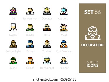 Outline color icons set in thin modern design style, flat line stroke vector symbols - occupation collection