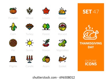 Outline color icons set in thin modern design style, flat line stroke vector symbols - thanksgiving collection