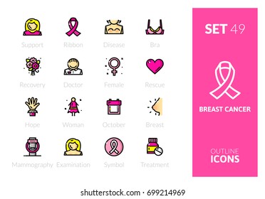 Outline color icons set in thin modern design style, flat line stroke vector symbols - breast cancer collection