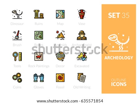 Outline color icons set in thin modern design style, flat line stroke vector symbols - archeology collection