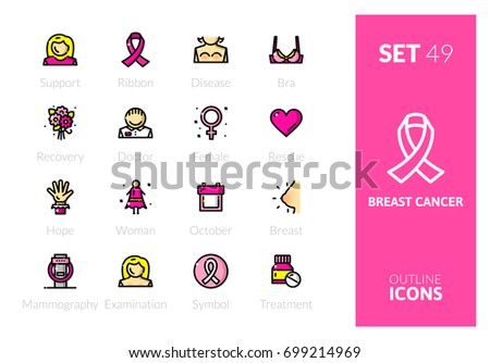 Outline color icons set in thin modern design style, flat line stroke vector symbols - breast cancer collection