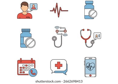 Outline Color Vector Icons Set: Digital Healthcare and Telemedicine