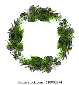 Outline colored floral frame isolated on white background. Decorative wreath with roses and leaves and another flowers. Artistic circular element.