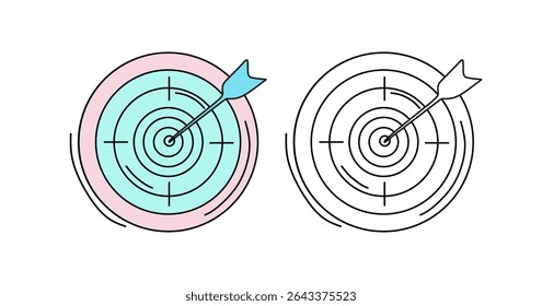 Contorno e ícones coloridos de um alvo bullseye com uma seta que bate o centro. Perfeito para temas de precisão, sucesso, orientação, metas e planejamento estratégico.