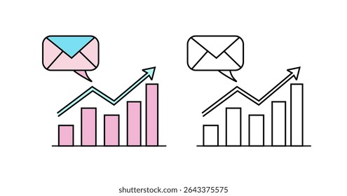 Outline and colored icons depicting a bar graph with an upward trend line and an email message bubble. Ideal for email marketing, campaign analysis, and communication growth.