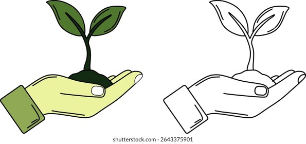 Outline and colored icons of a hand cradling a small plant. Perfect for themes of growth, sustainability, ecology, new beginnings, and environmental protection.