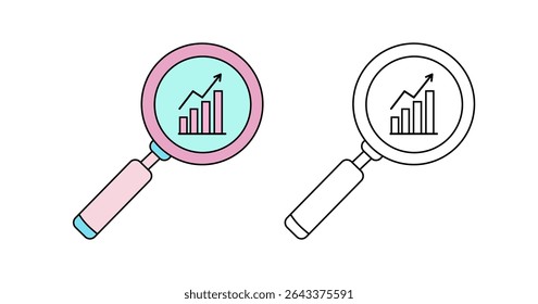 Outline and colored icons of a magnifying glass displaying a bar chart with an upward trend. Perfect for business analysis, market research, and growth strategies.