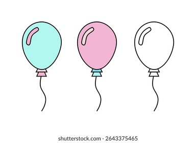 Outline and colored icons of party balloons in various hues. Ideal for celebrations, birthdays, events, joy, and festive decoration themes.