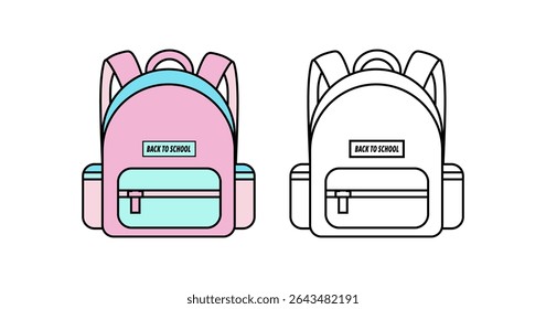 Outline and colored icons of a school backpack with "BACK TO SCHOOL" text. Ideal for education, student life, learning, and academic themes.
