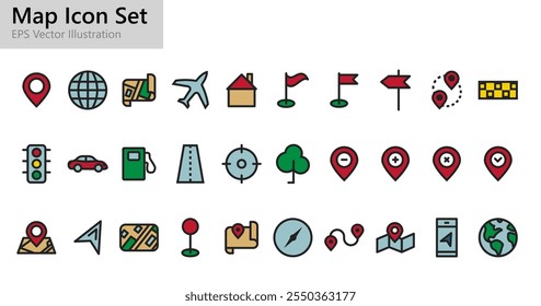 Conjunto de iconos de mapa coloreados de contorno.