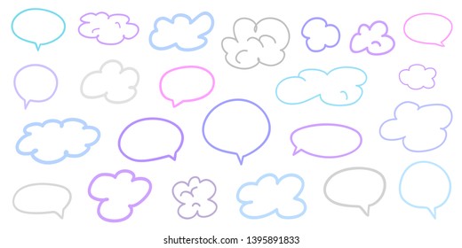 Outline colored think and talk speech bubbles on white. Abstract clouds on isolation background