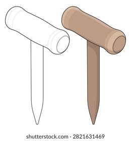 Outline and colored vector illustration bundle of a garden dibber with a wooden handle and pointed spike, isolated on a white background. Editable vector artwork ideal for seed sowing, transplanting seedlings, bulb planting, gardening, horticulture, farming, educational materials, commercial graphics, icons, stickers, and digital creative projects.
