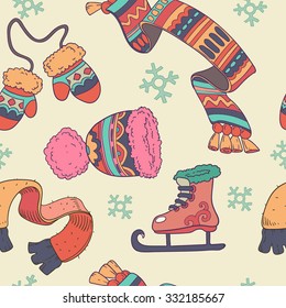 Outline colorful accessories seamless pattern on Sketchy style. Winter  wear. Mittens,gloves, hats, scarf with ornament. Backdrop ,background, fabric, Wallpaper. Hipster Fashion Vector.